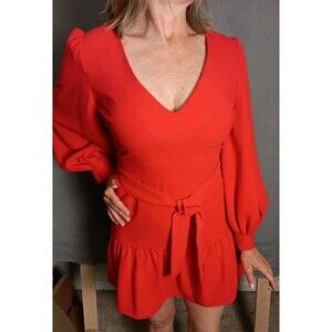 Amanda Uprichard Red Mini Dress V Neck Bishop Sleeves Size Small (4-6)- EUC